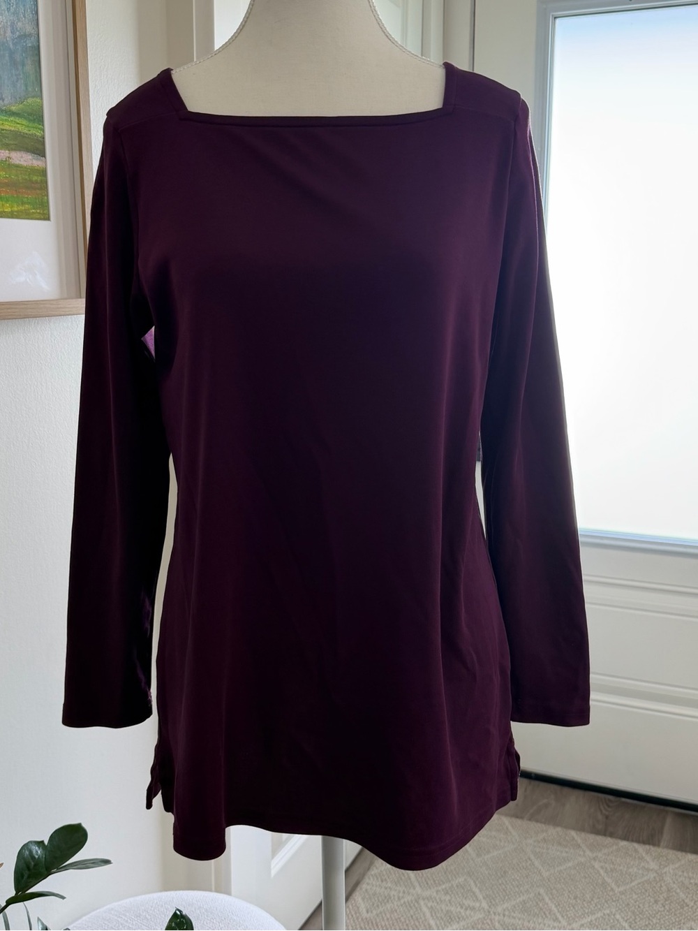 L.L. Bean Supima Cotton Square Neck Long Sleeve Tunic Top Purple Burgundy M Reg